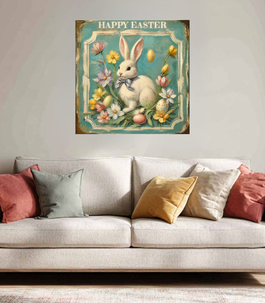Happy Easter Bunny Art| Vintage Style Midcentury Flower Design| Giclee Paper- Wood- Metal- Canvas