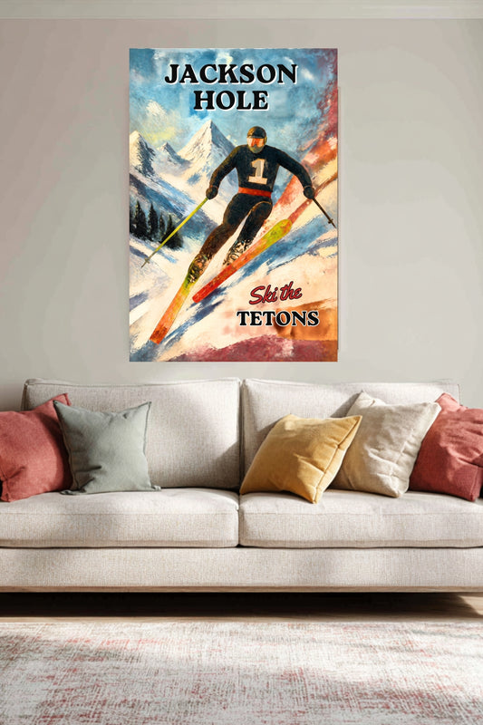 Jackson Hole| Skiing in the Grand Tetons| Wyoming Winter Art. Giclee Paper- Wood- Metal- Canvas