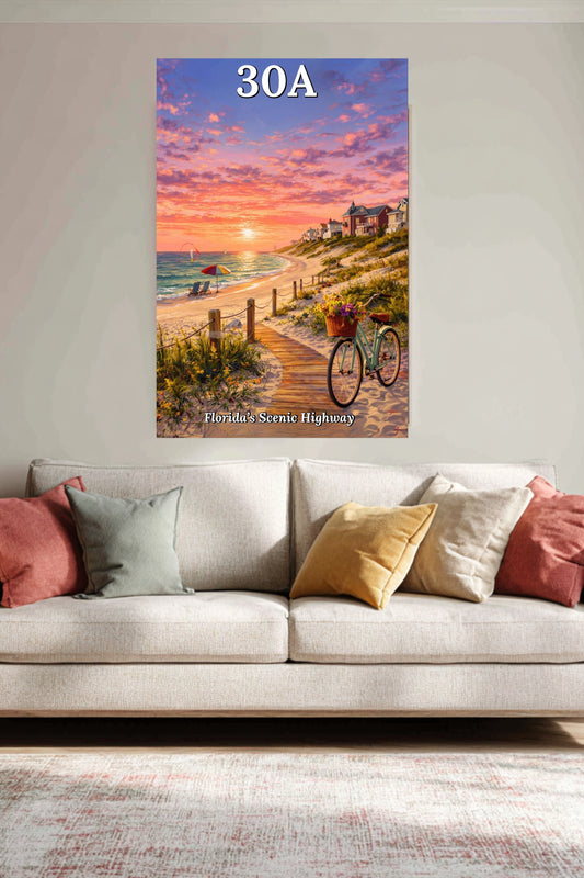 Bicycle Ride Along Florida 30A| Beach and Sunset Art| Travel Poster| Giclee Paper- Wood- Metal- Canvas