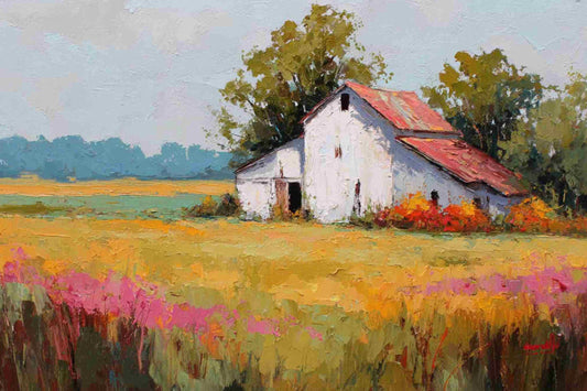 Wildflowers By The Old Red Roof – Impressionist Farmhouse Landscape Painting, Giclee Paper- Wood- Metal- Canvas