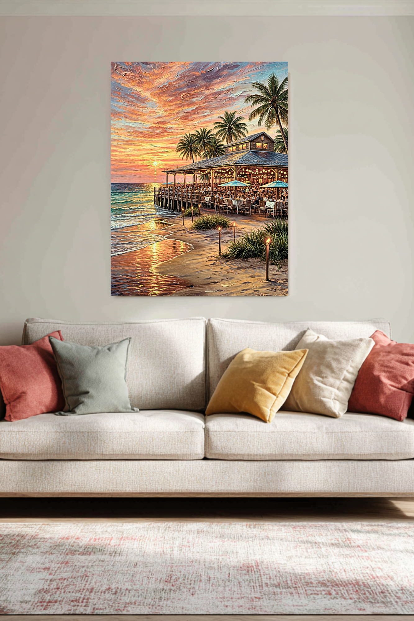 Beachside Dining At Sunset| Coastal Print| Vacation Art| Ocean Beach Print| Travel Poster| Giclee Paper- Wood- Metal- Canvas