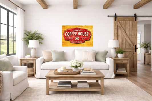 Coffee at the Corner | Vintage Coffee Shop Sign | Paper, Canvas, Wood or Metal Wall Art