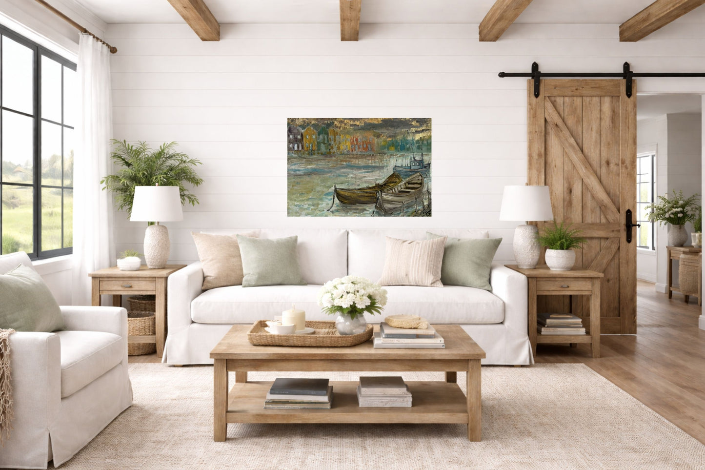 Rainy Harbor | Original Teresa Johnson Coastal Harbor Painting | Fishing Boats & Waterfront Village | Giclée Paper • Wood • Metal • Canvas