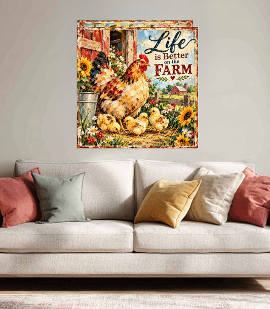 Life Is Better on the Farm | Hen & Chicks Country Farm Art | Giclée Paper • Wood • Metal • Canvas