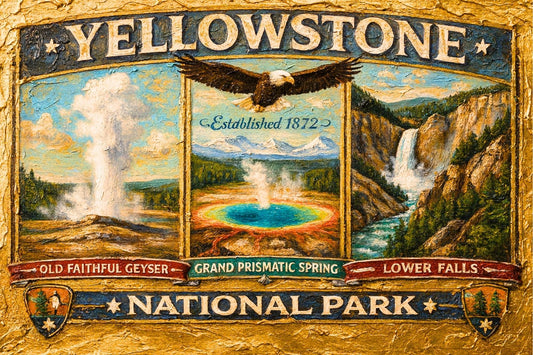 Yellowstone's Iconic Natural Wonders| Vintage Sign Art|  Prints, Canvas, Wood, or Metal Art