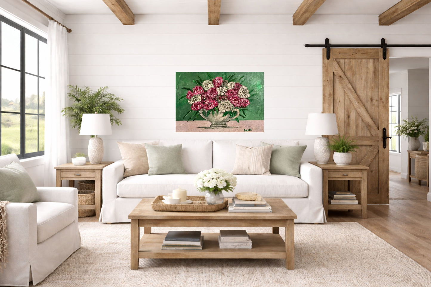 Garden's Best Arrangement | Original Teresa Johnson Floral Painting | Pink & White Roses in Vintage Pitcher | Giclée Paper • Wood • Metal • Canvas
