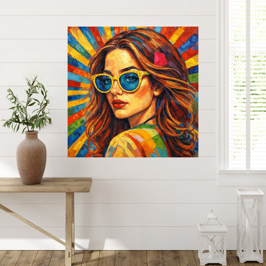 Golden Hour Glamour, Colorful Woman Portrait Wall Art, Fashion Sunglasses Art Print, Modern Feminine Decor, Bold Female Artwork, Glam Wall Decor. Giclee Paper- Wood- Metal- Canvas