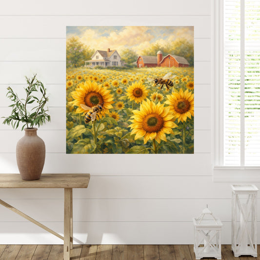 Sunflower Farm | Bee Art| Farmhouse Garden Prints| Giclee Paper- Wood- Metal- Canvas
