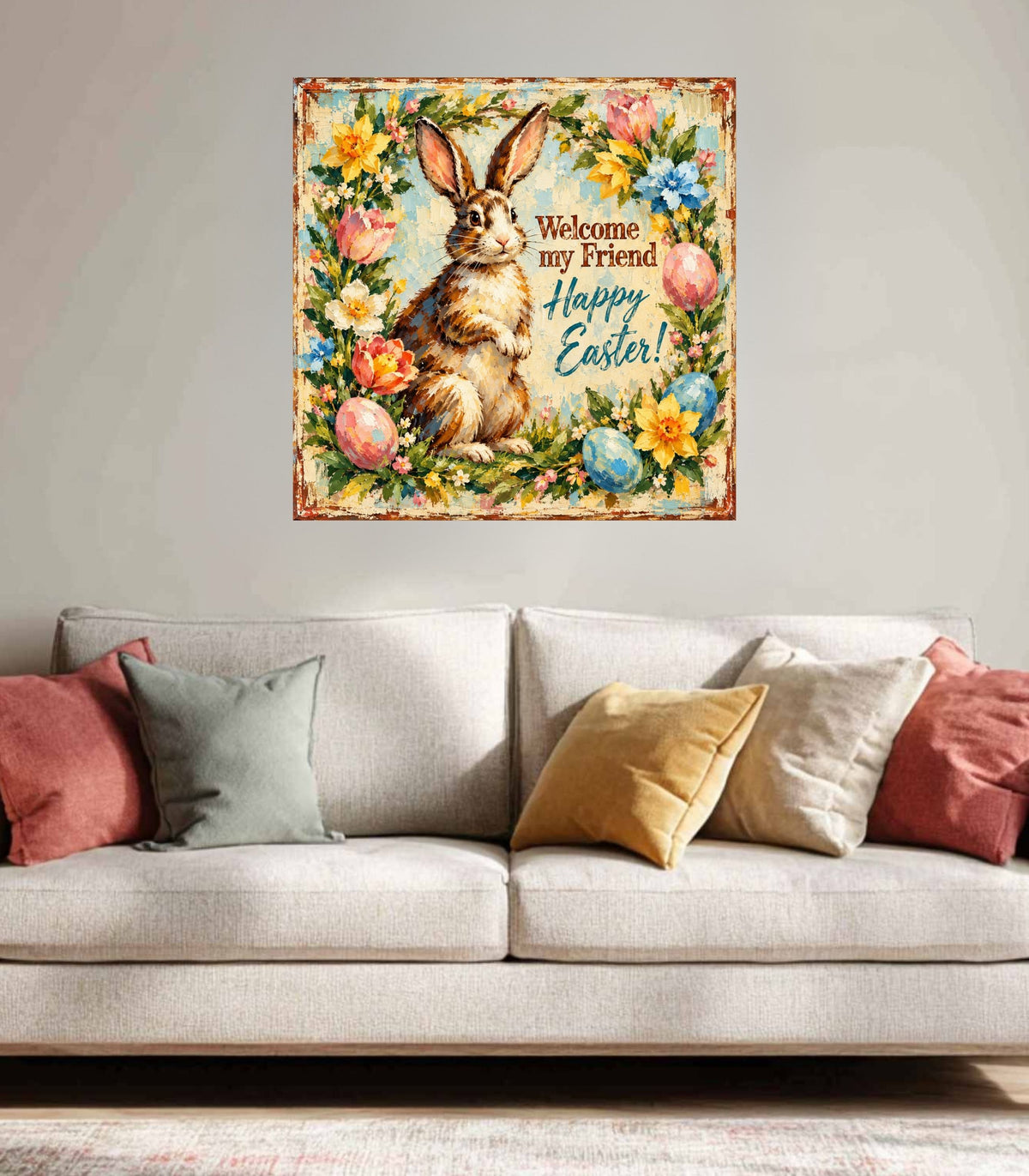 Vintage Welcome My Friend Easter Bunny| Giclee Prints, Canvas, Wood, or Metal Art