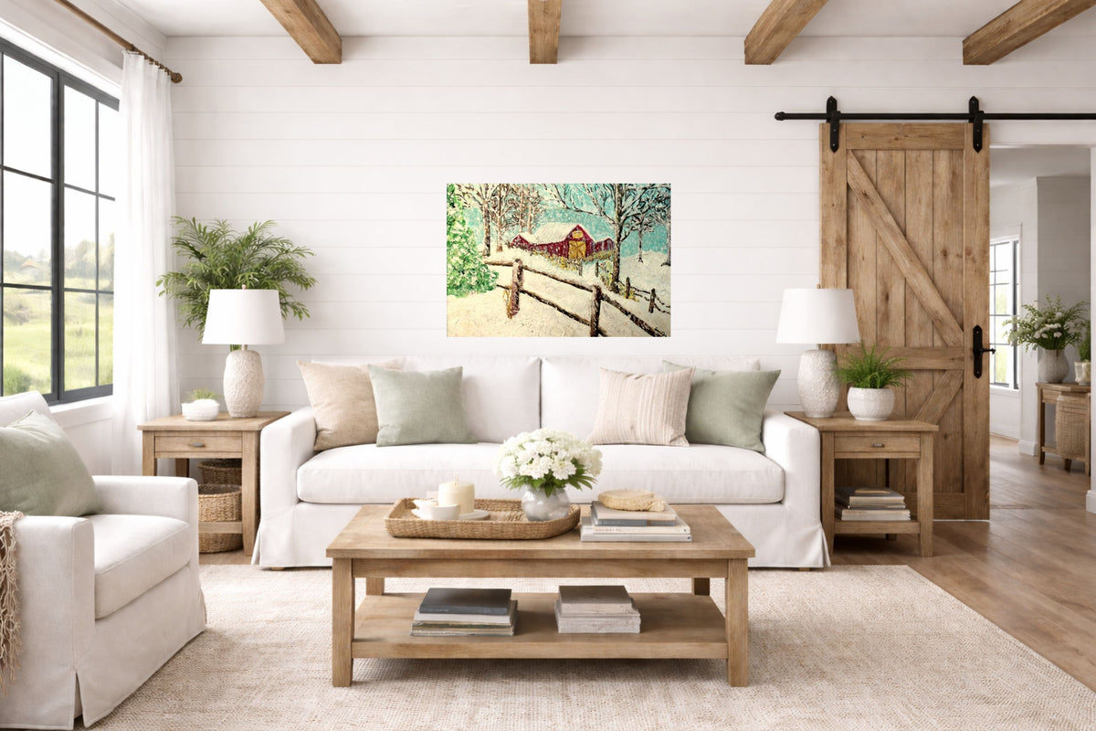 Snowy Christmas Morning| Merry Christmas Art| Vintage Look Farm Barn| Giclee Paper- Wood- Metal- Canvas