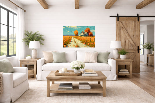 Autumn Farm Road | Fall Farmhouse Landscape Art | Pumpkin Patch Decor | Giclee Paper • Wood • Metal • Canvas