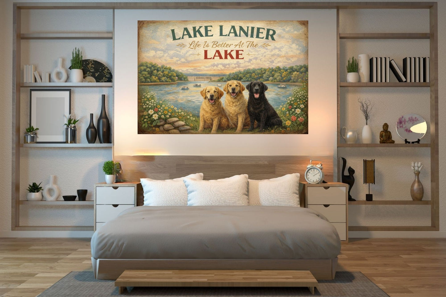 Lake Lanier Sunset with Happy Pups| Buford Dam| Chattahoochee Rivers Art| Giclee Paper- Wood Sign- Metal Sign- Canvas