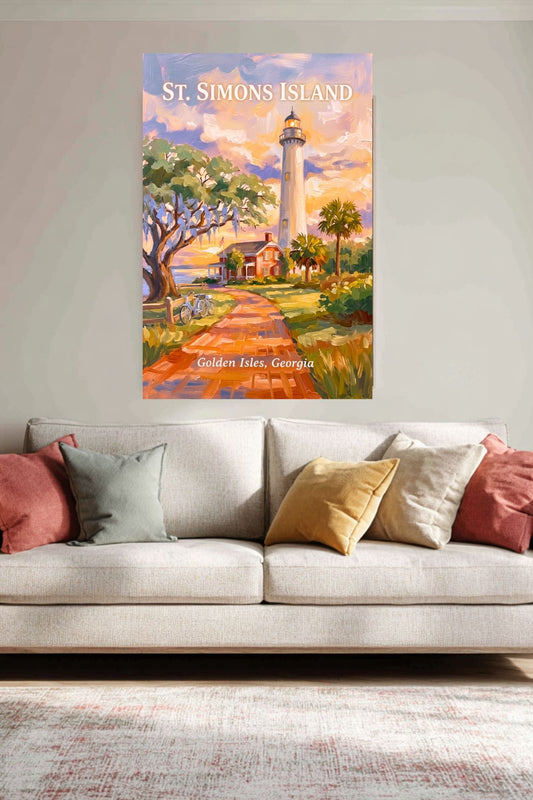 St. Simons Island Lighthouse Scene| Lighthouse Art| Travel Poster|  Giclee Paper- Wood- Metal- Canvas