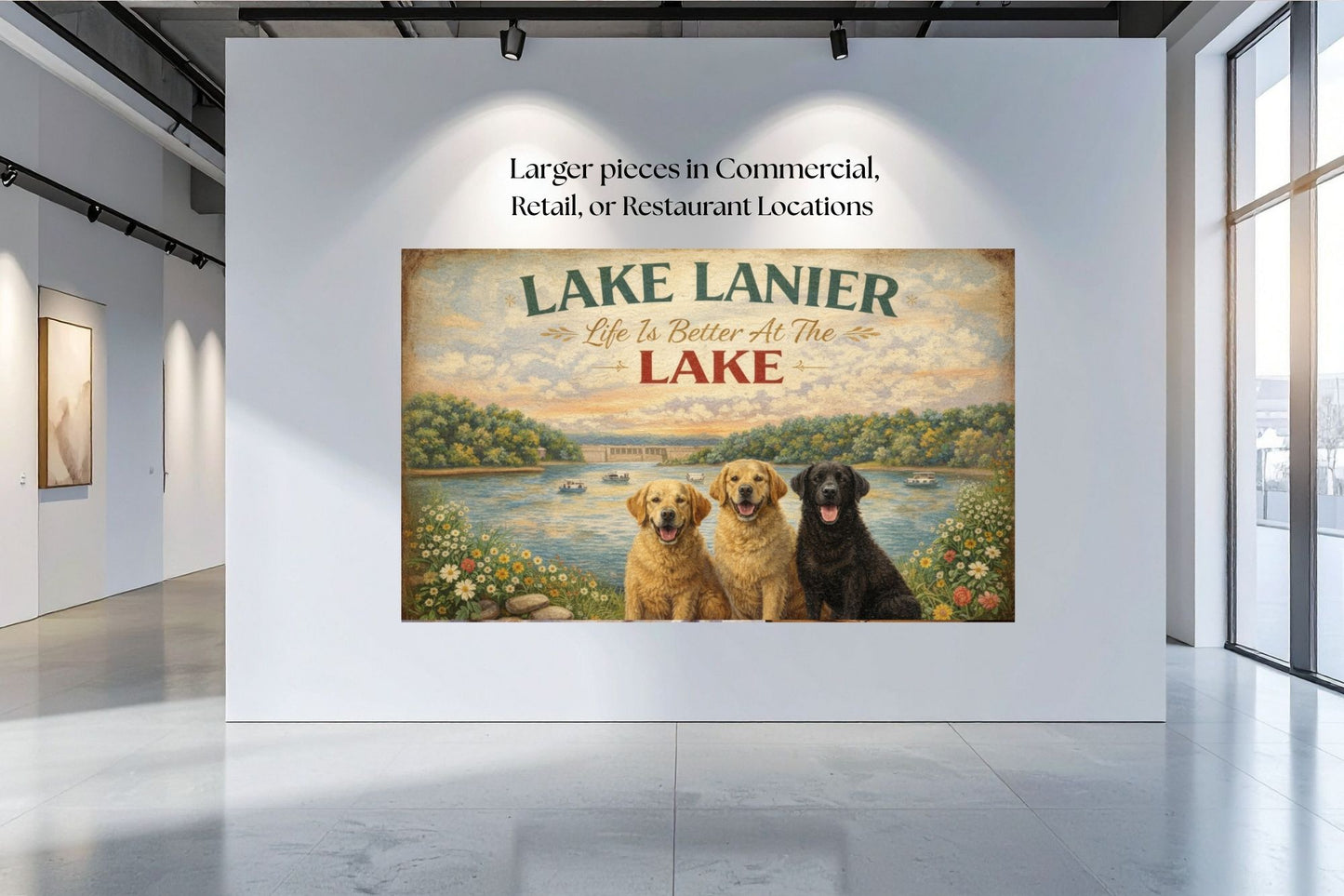Lake Lanier Sunset with Happy Pups| Buford Dam| Chattahoochee Rivers Art| Giclee Paper- Wood Sign- Metal Sign- Canvas