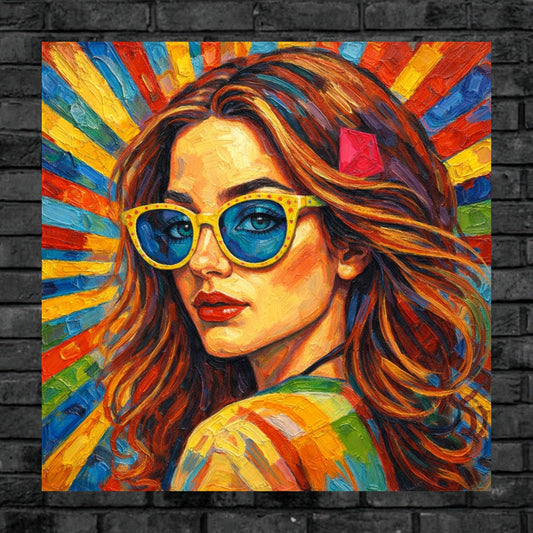 Golden Hour Glamour, Colorful Woman Portrait Wall Art, Fashion Sunglasses Art Print, Modern Feminine Decor, Bold Female Artwork, Glam Wall Decor. Giclee Paper- Wood- Metal- Canvas
