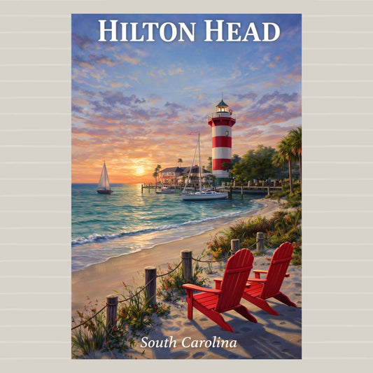 Hilton Head Sunset at Harbour Town Lighthouse | Ocean Beach Art| Travel Poster| Giclee Paper- Wood- Metal- Canvas