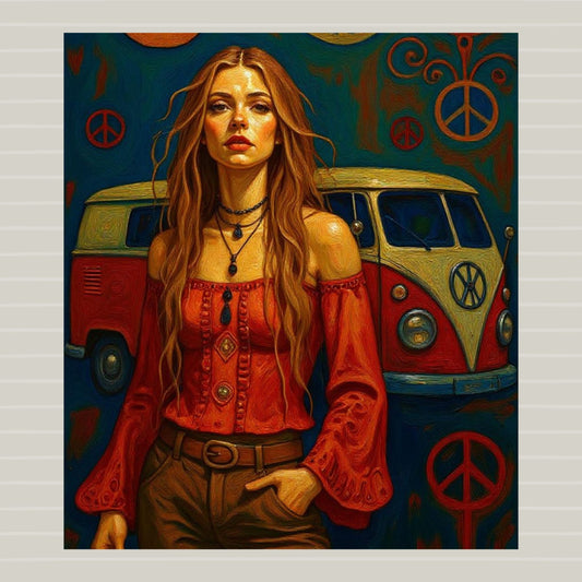 Hippie And Her Flower Power Bus| Giclee Paper- Canvas- Wood- Metal Prints