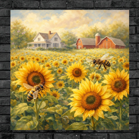 Sunflower Farm | Bee Art| Farmhouse Garden Prints| Giclee Paper- Wood- Metal- Canvas