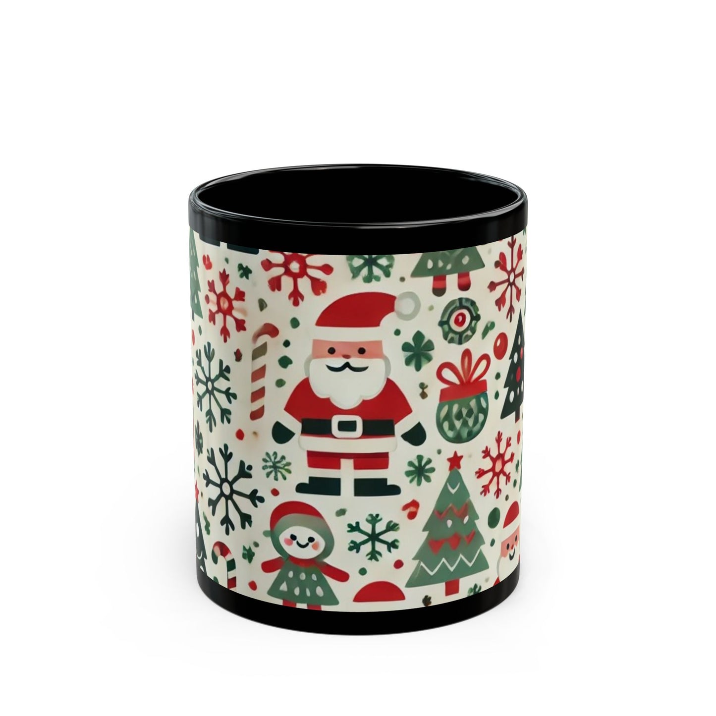 Santas, Trees, Snowflakes - 11 oz or 15 oz Ceramic Black Mugs