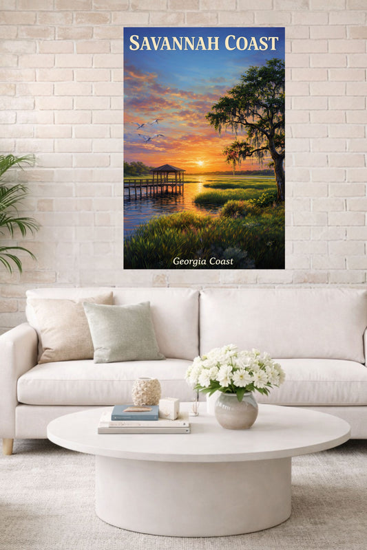 Savannah Coast At Sunset| Travel Poster| Georgia Lowlands Art| Giclee Paper- Wood- Metal- Canvas