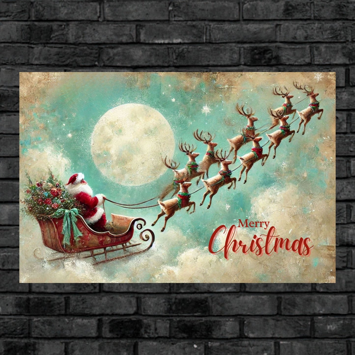 Merry Christmas to All| Santa in his Sleigh Holiday art| Prints and Canvas-Giclee Paper- Wood- Metal