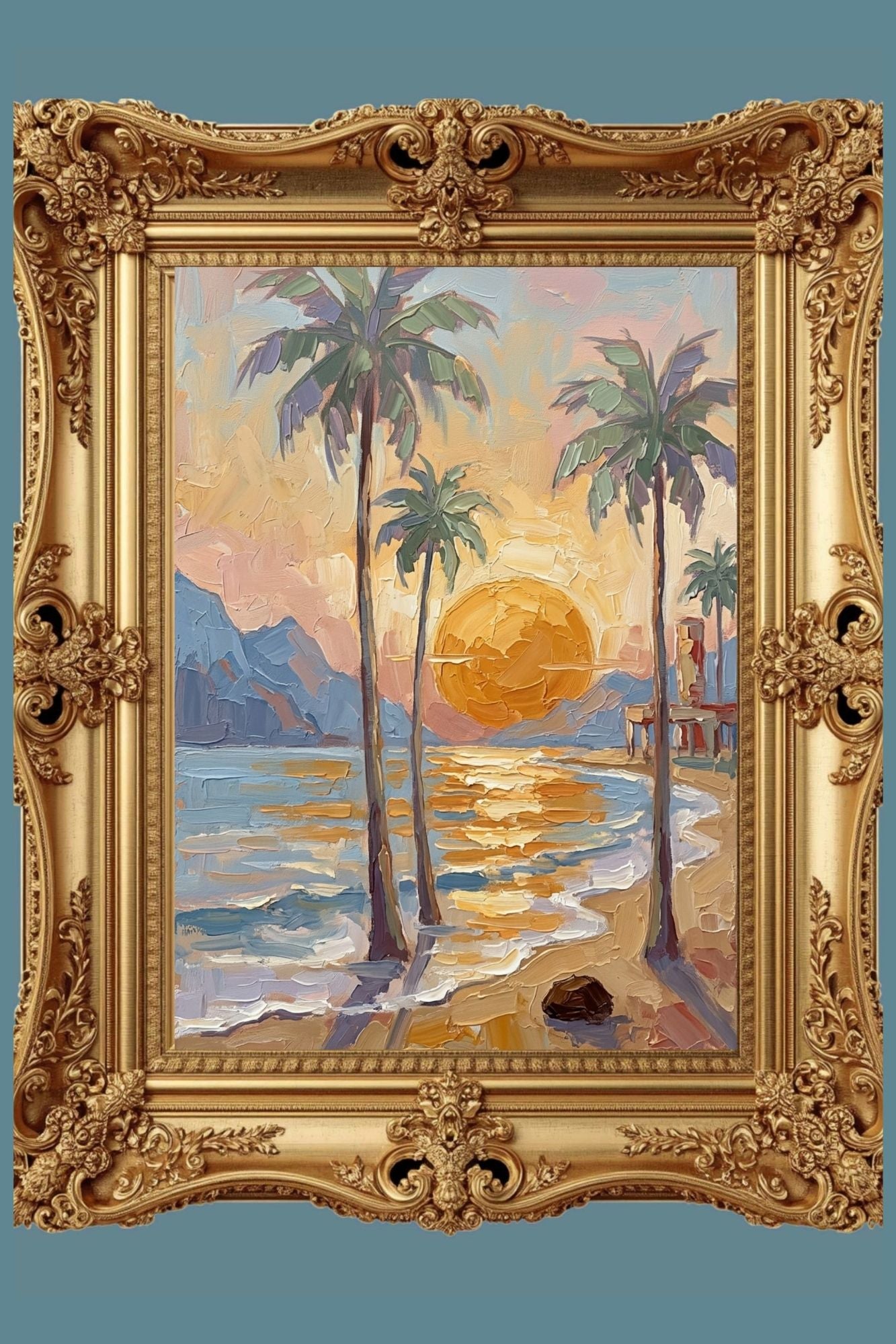 Tropical Sunset View | Impressionist Island Beach Wall Art | Coastal Palm Tree Painting | Giclée Print on Paper, Canvas, Wood & Metal