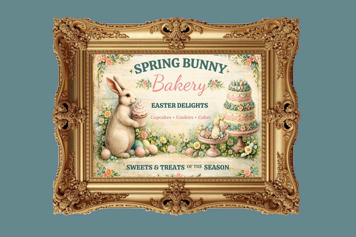 Spring Bunny Bakery Sign With Treats| Prints, Canvas, Wood, or Metal Art