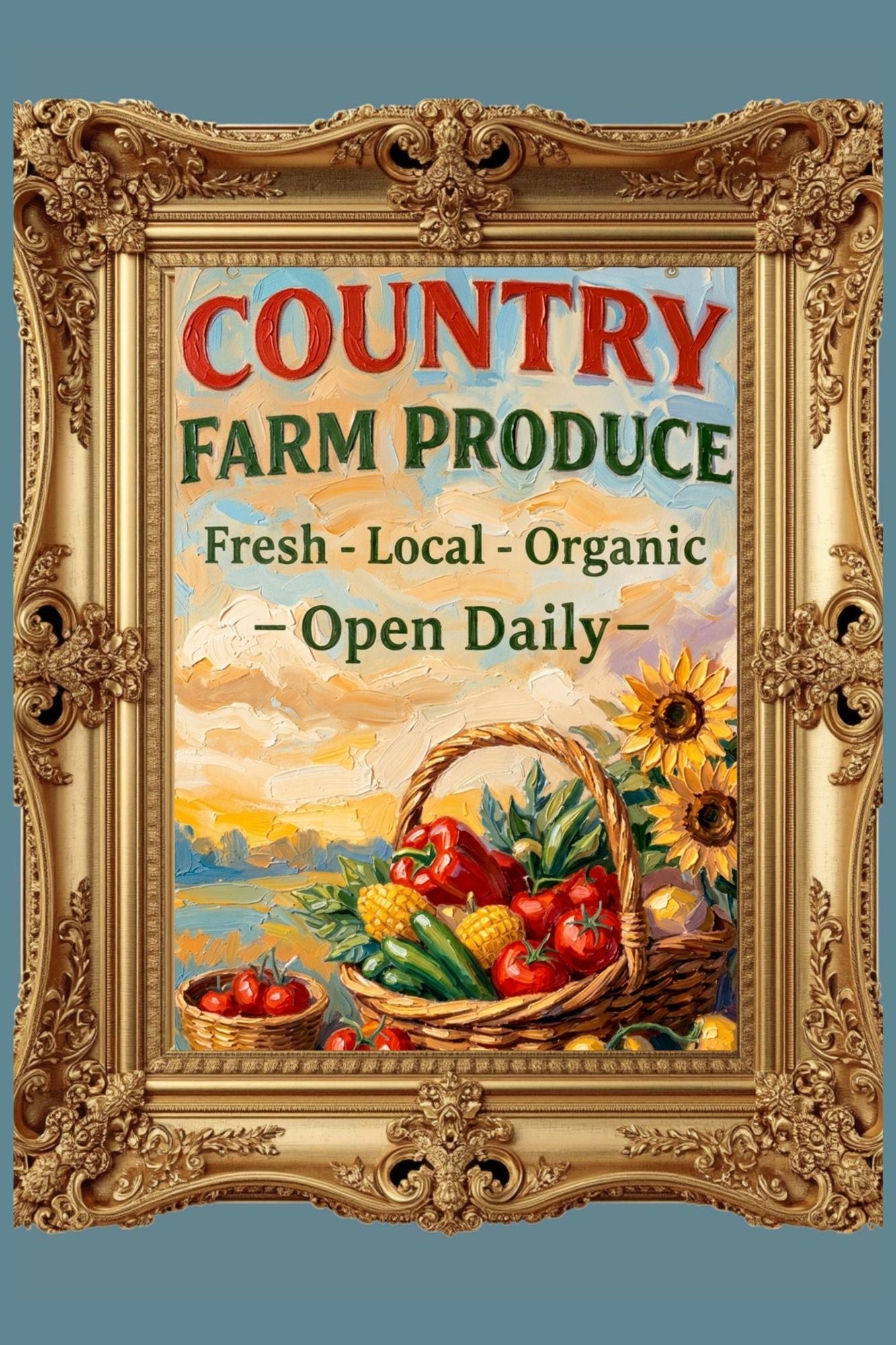 Country Farm Produce Sign | Fresh Local Organic Farm Market Wall Art | Rustic Farmhouse Kitchen Decor | Canvas, Wood, Metal &amp; Giclée Print