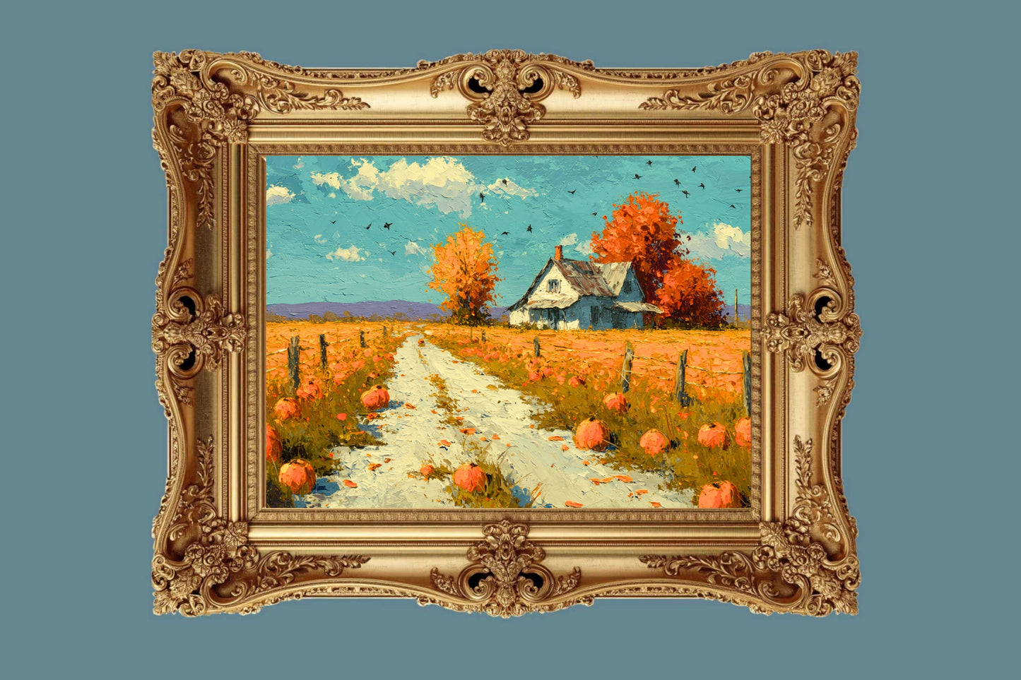Autumn Farm Road | Fall Farmhouse Landscape Art | Pumpkin Patch Decor | Giclee Paper • Wood • Metal • Canvas