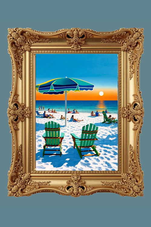 Beach Sunset With Adirondack Chairs| Beach Tropical Print| Giclee Paper- Wood- Metal- Canvas