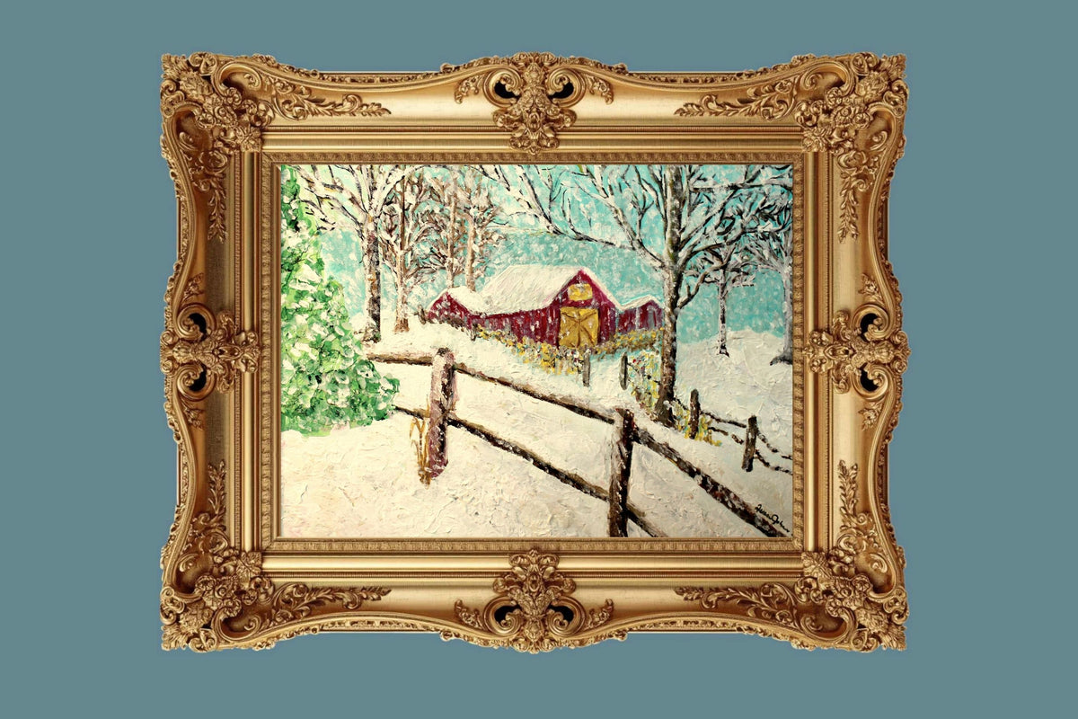 Snowy Christmas Morning| Merry Christmas Art| Vintage Look Farm Barn| Giclee Paper- Wood- Metal- Canvas
