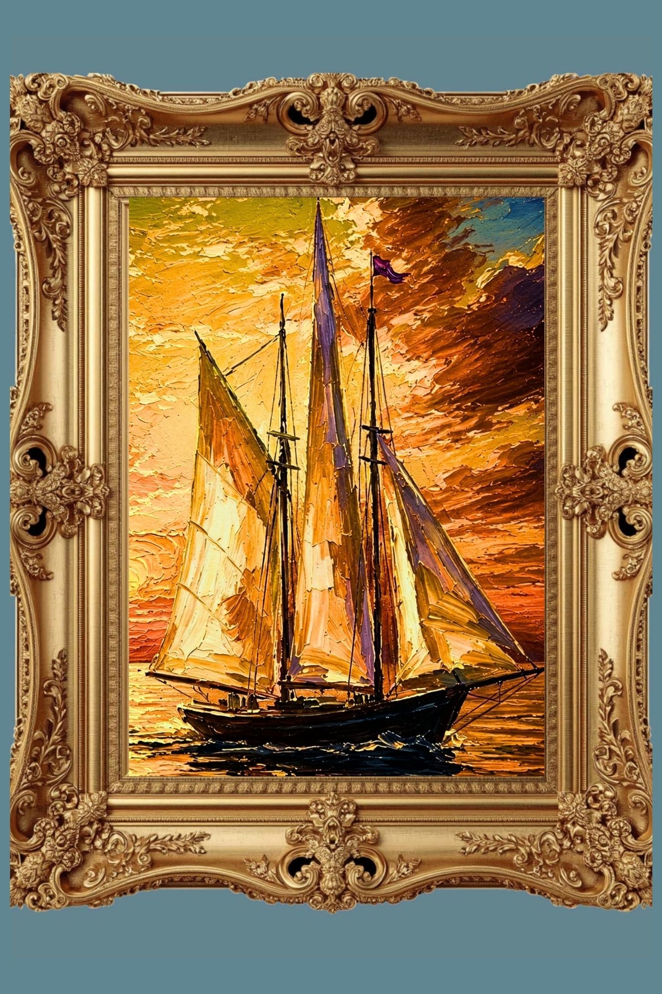 Golden Evening Voyage | Impressionist Sailboat Sunset Wall Art | Coastal Ocean Painting | Giclée Print on Paper, Canvas, Wood & Metal