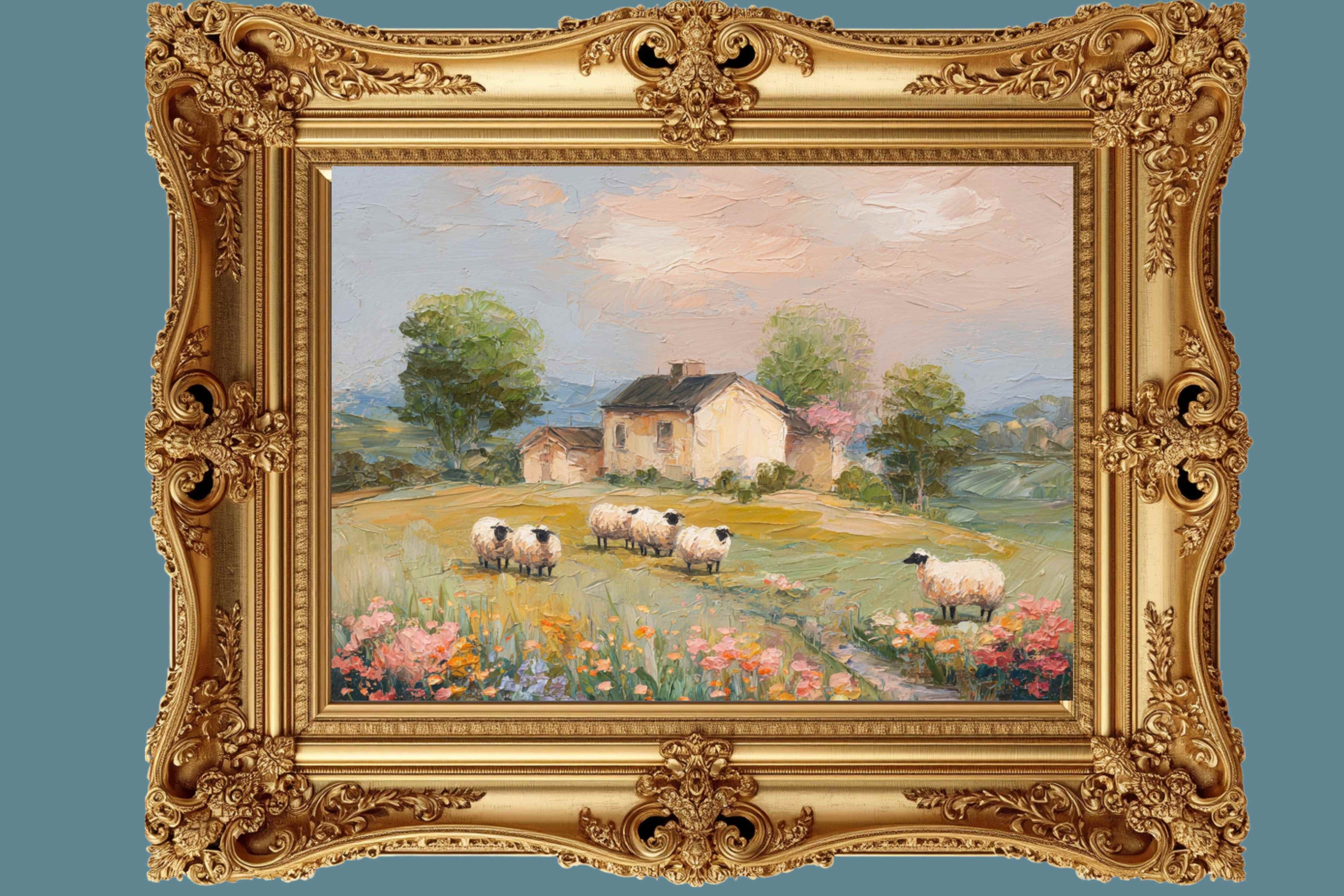 Cotswolds Sheep Farm |Impressionist Print|English Countryside Art| Sheep & Wildflowers Wall Art| Giclée on Canvas, Wood, Metal & Fine Art Paper