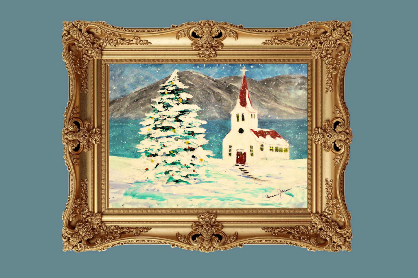 Church In the Rockies| Christmas Tree in Snow art| Giclee Paper- Wood- Metal- Canvas