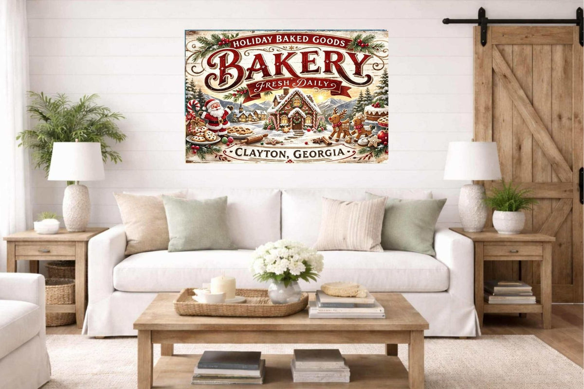 Christmas Bakery Clayton Georgia Vintage Style Sign- Art Giclee Paper- Wood- Metal- Canvas