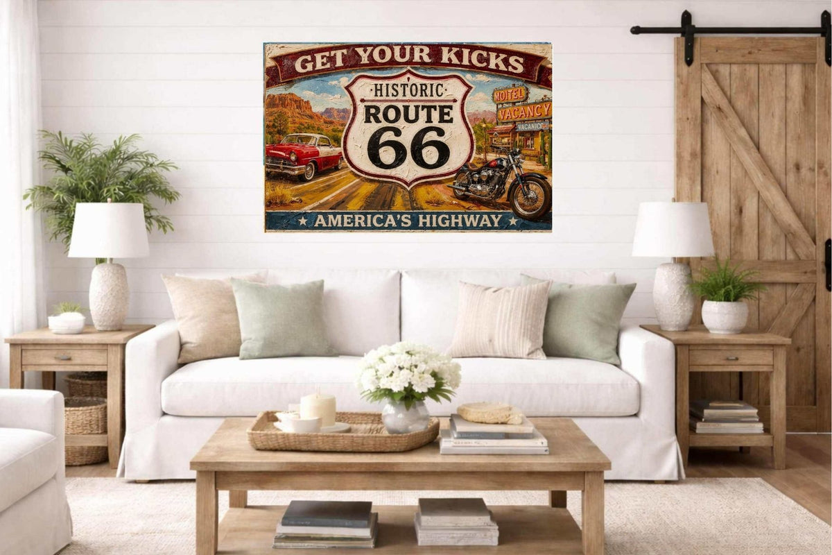 Historical Route 66 Vintage Sign| Prints, Canvas, Wood, or Metal Art