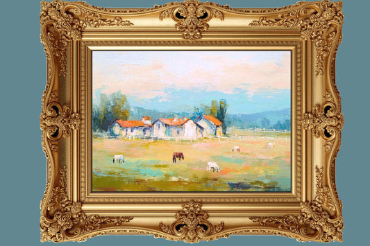 Tuscan Horse Farm at Dusk – Impressionist Landscape Print, Equestrian Wall Art, Giclée on Canvas, Wood, Metal & Fine Art Paper