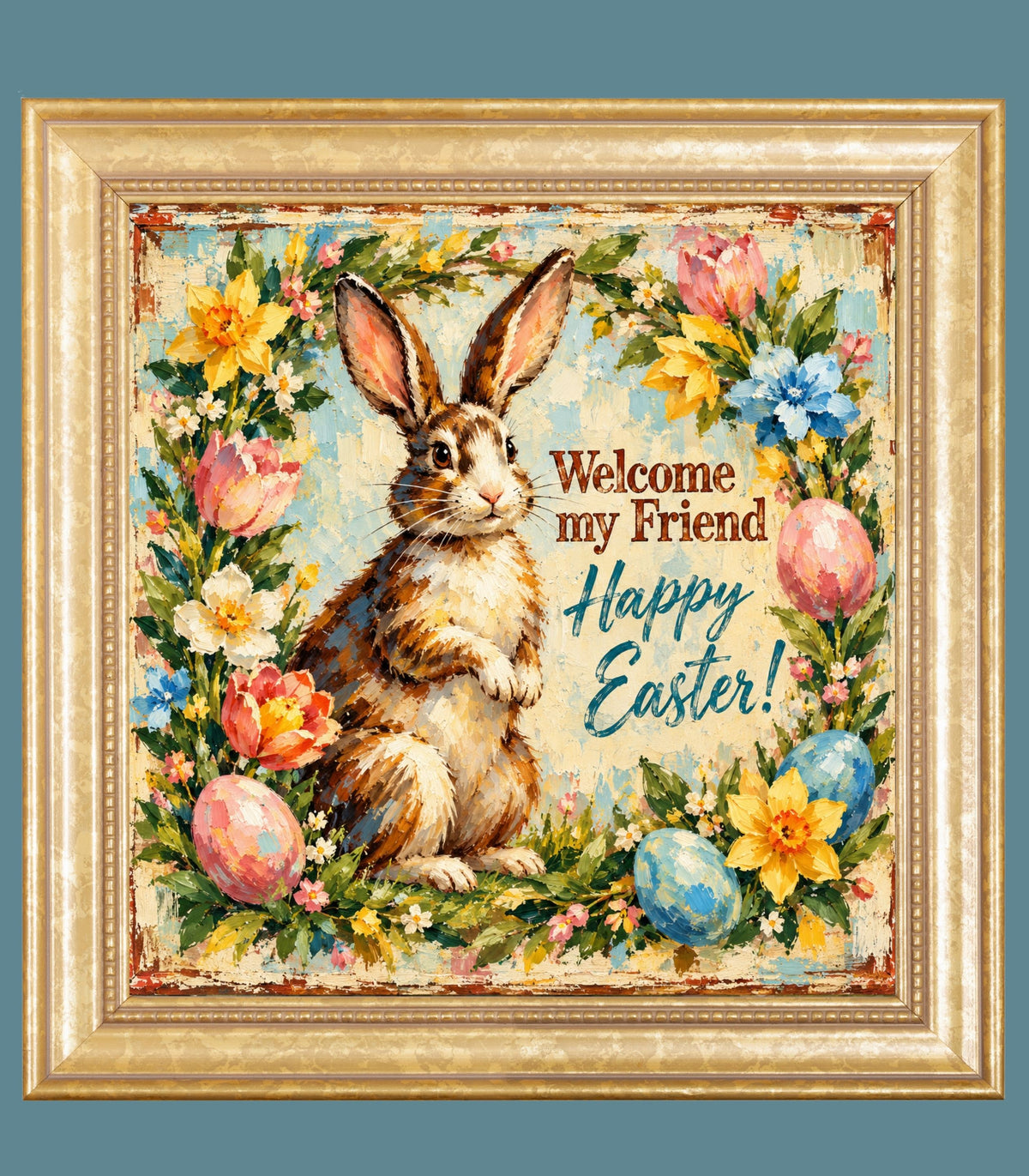 Vintage Welcome My Friend Easter Bunny| Giclee Prints, Canvas, Wood, or Metal Art