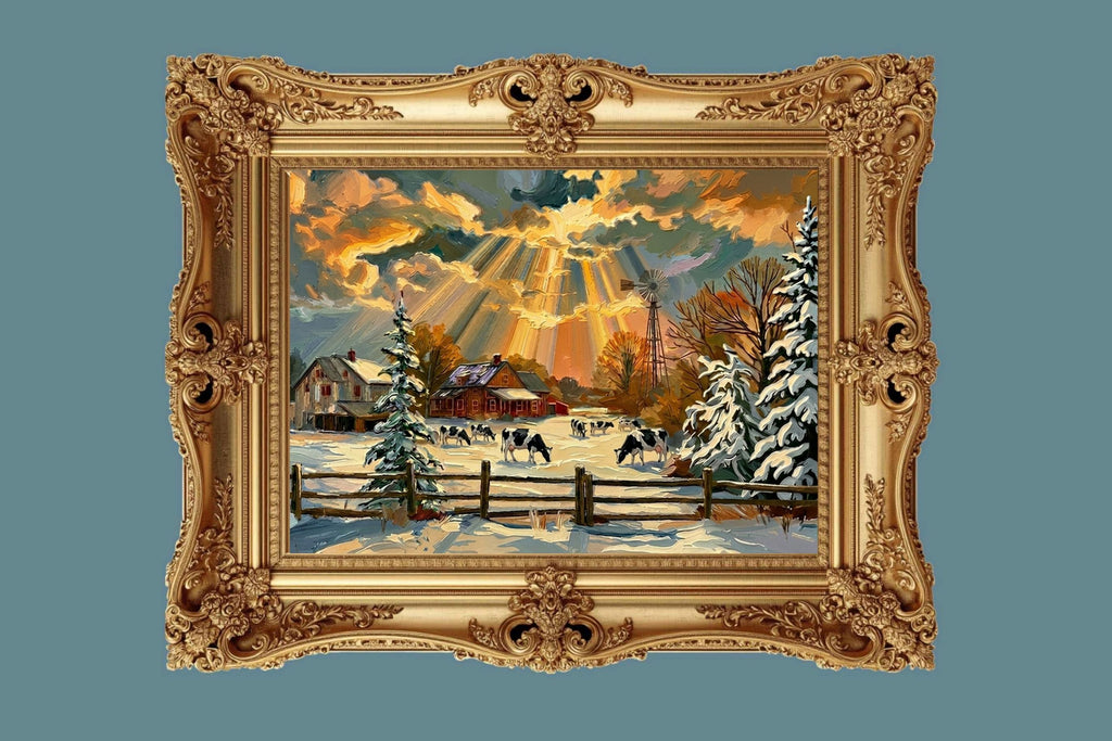 Winter Farm | Farmhouse Print| Snow Covered Ranch | Winter Art | Giclée Paper • Wood • Metal • Canvas