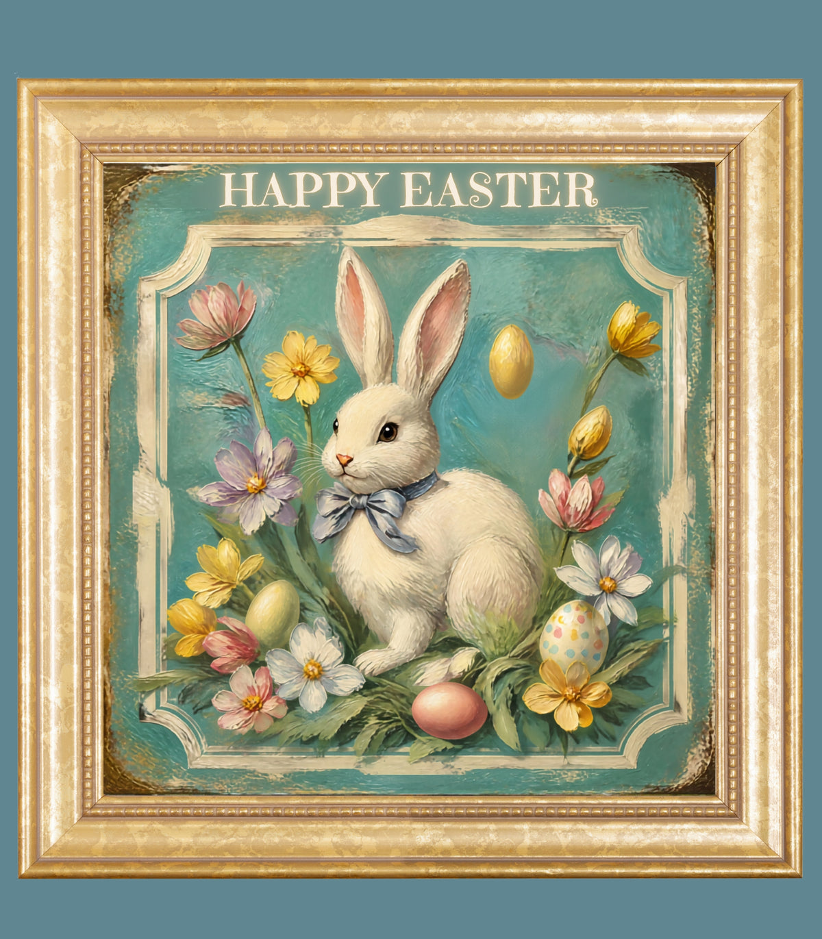 Happy Easter Bunny Art| Vintage Style Midcentury Flower Design| Giclee Paper- Wood- Metal- Canvas