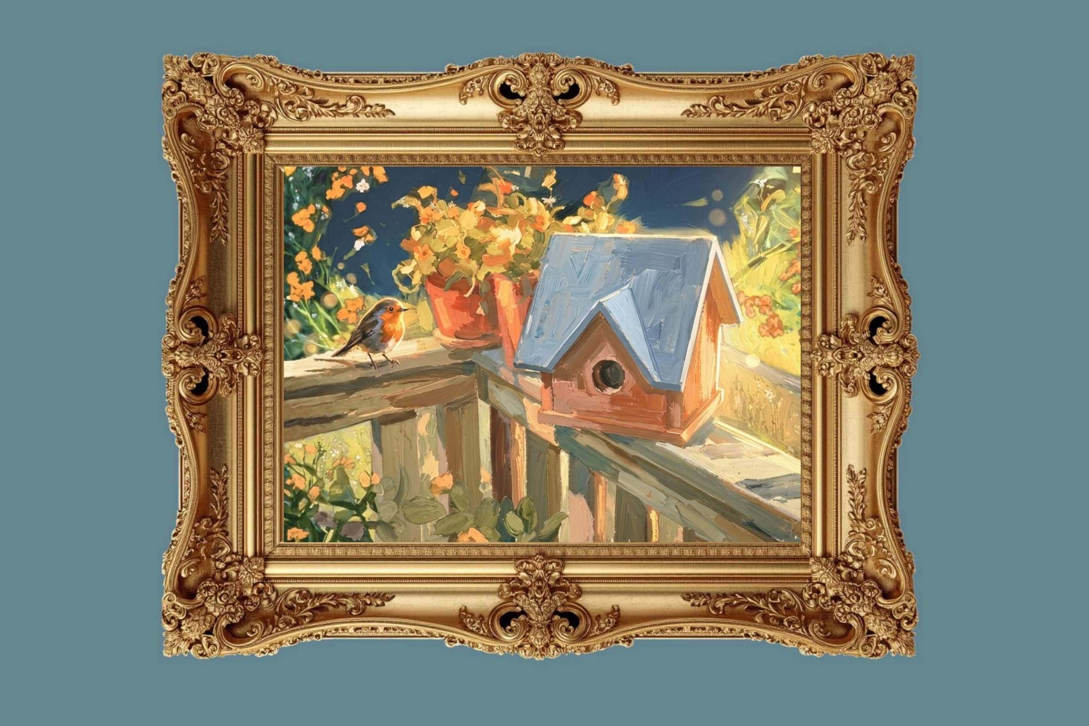 Deck Life | Charming Birdhouse Prints | Songbird Garden Art | Impressionist Cottage Garden Painting | Giclee on Paper. Wood, Metal Panels