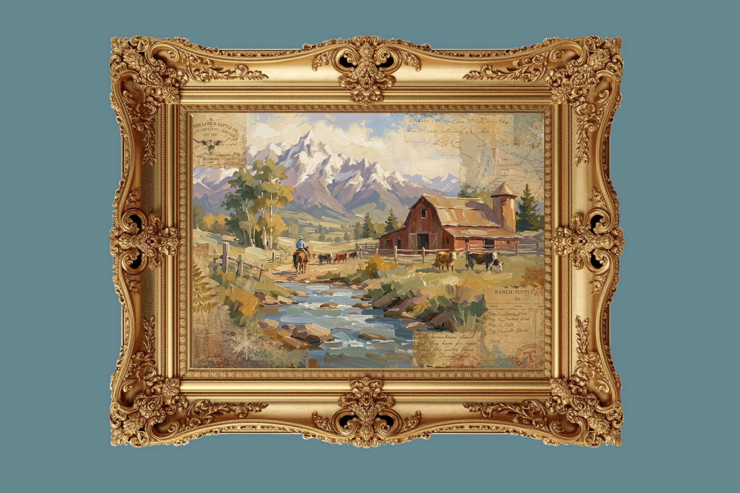 Rancher's Retreat| Rustic Ranch & Mountain Landscape Print | Western Farmhouse Giclée Print on Paper, Canvas, Wood & Metal