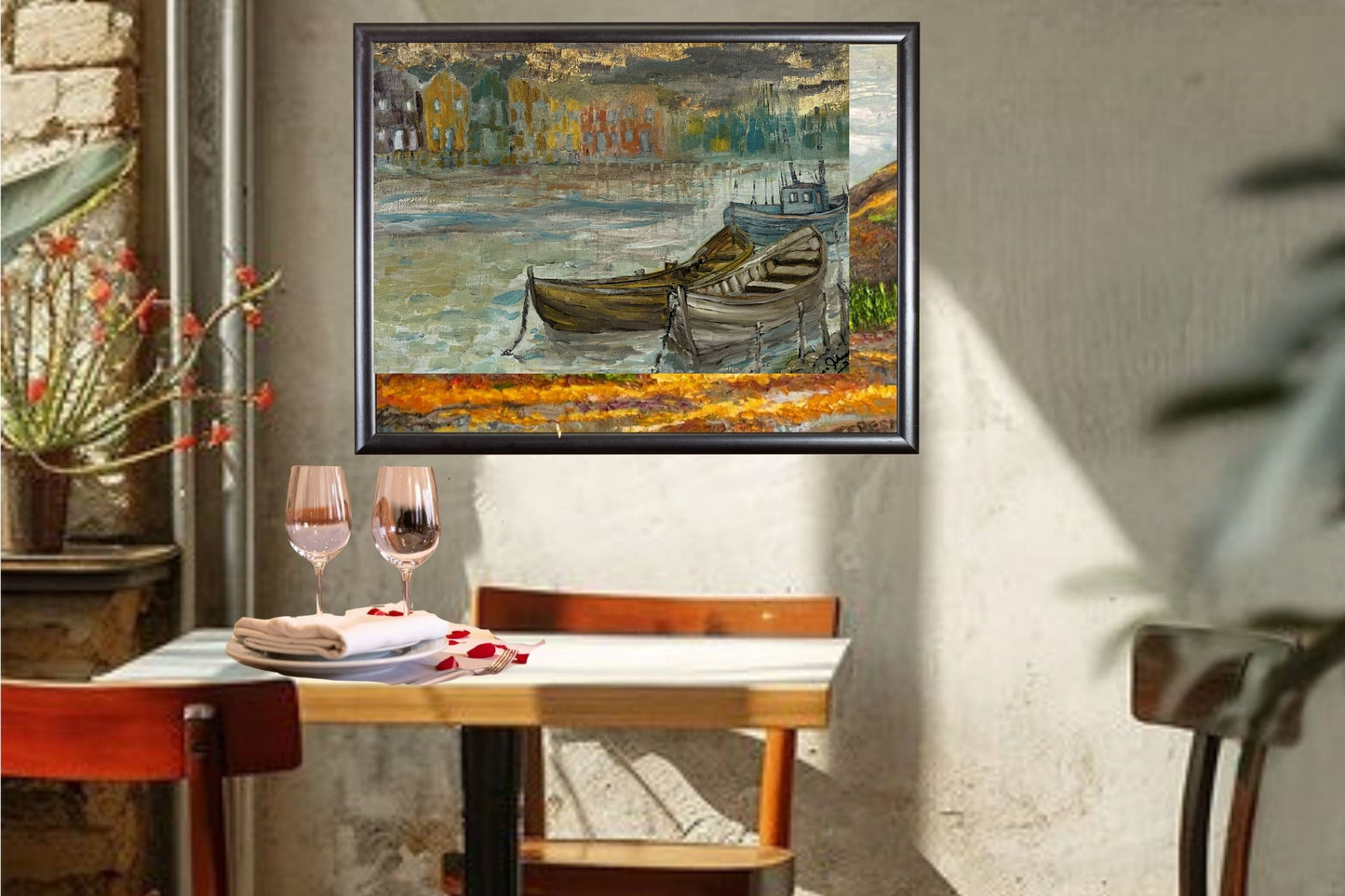 Rainy Harbor Acrylic Fishing boat Impressionist Wall Art | Original Coastal Acrylic Painting| Rainy Harbor (8x10x .5-inch) | Teresa Johnson