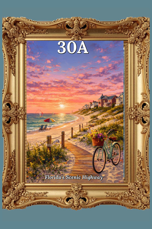 Bicycle Ride Along Florida 30A| Beach and Sunset Art| Travel Poster| Giclee Paper- Wood- Metal- Canvas
