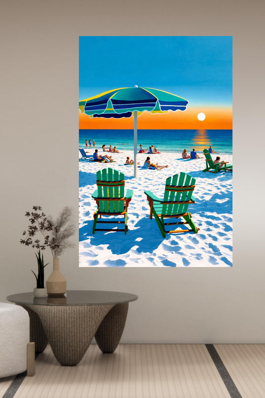 Beach Sunset With Adirondack Chairs| Beach Tropical Art| Giclee Paper- Wood- Metal- Canvas