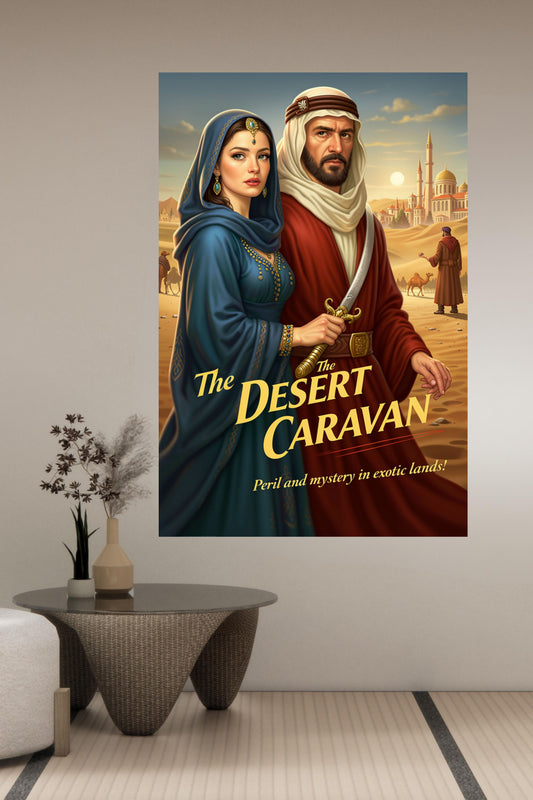 Desert Caravan Under Twilight Skies| Romantic And Danger In The Desert Art| Giclee Paper- Wood- Metal- Canvas