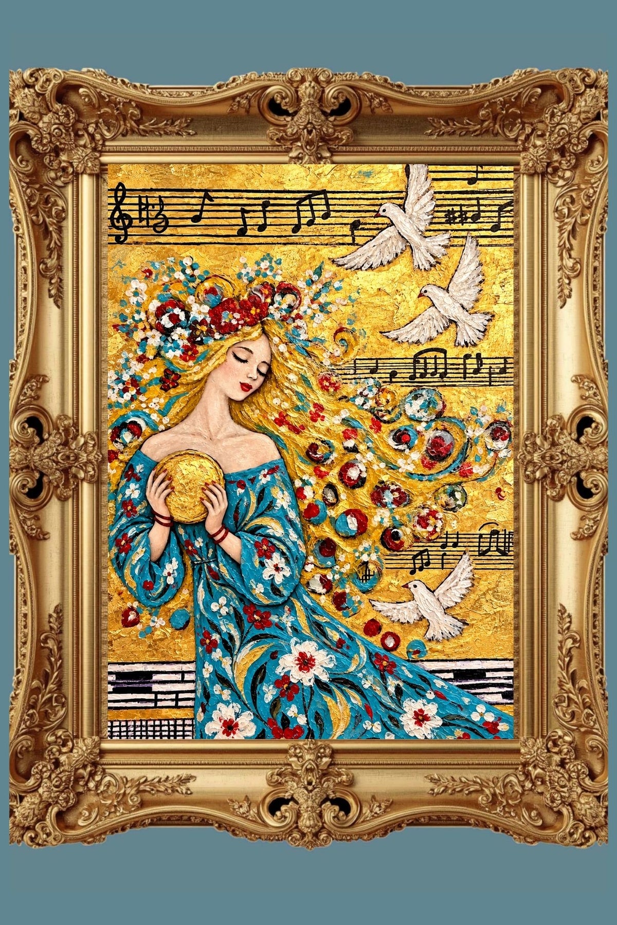 Carol’s Golden Song | Heavenly Inspired Music Art | Woman and Dove Wall Art | Giclée Paper, Canvas, Wood or Metal