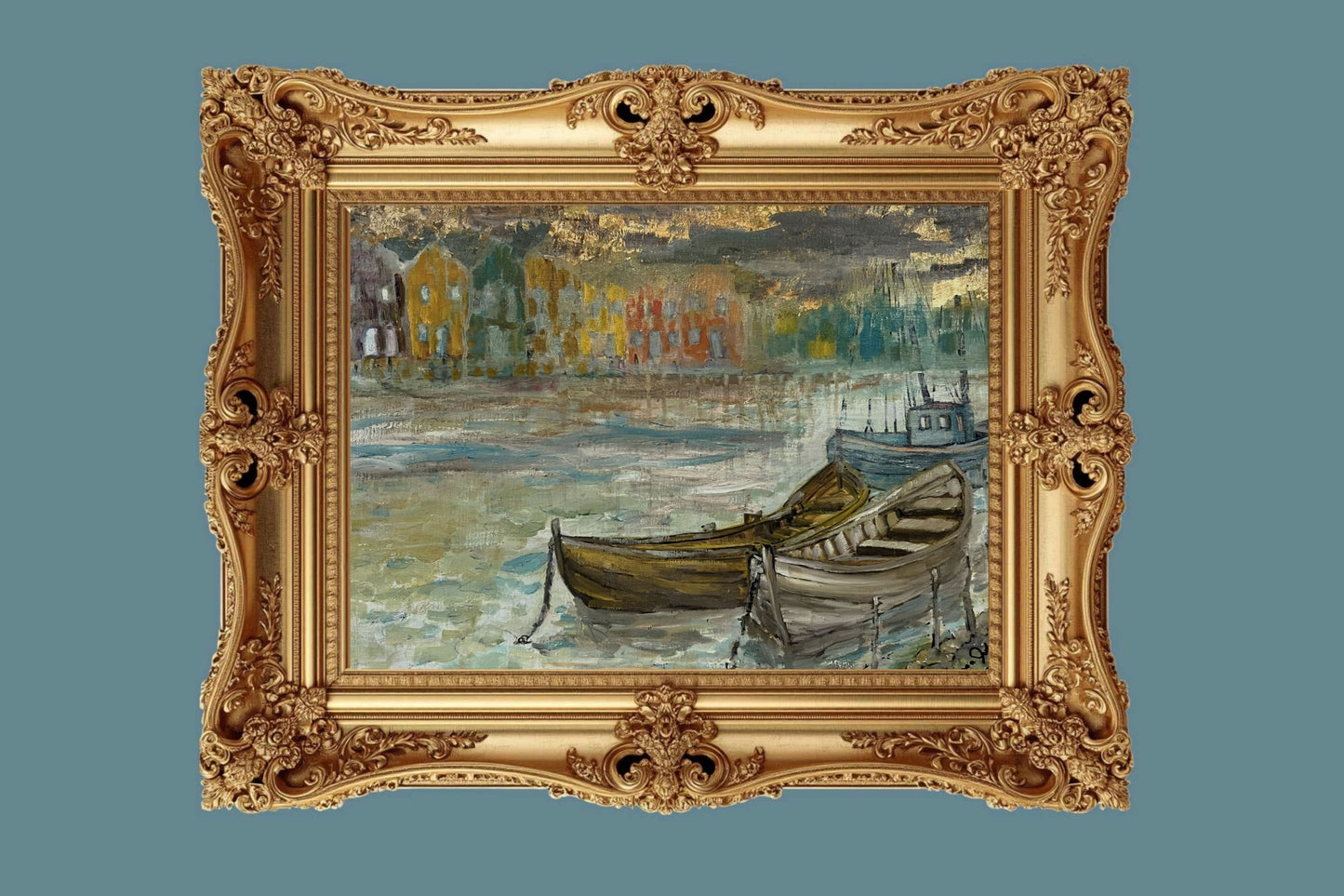 Rainy Harbor | Original Teresa Johnson Coastal Harbor Painting | Fishing Boats & Waterfront Village | Giclée Paper • Wood • Metal • Canvas