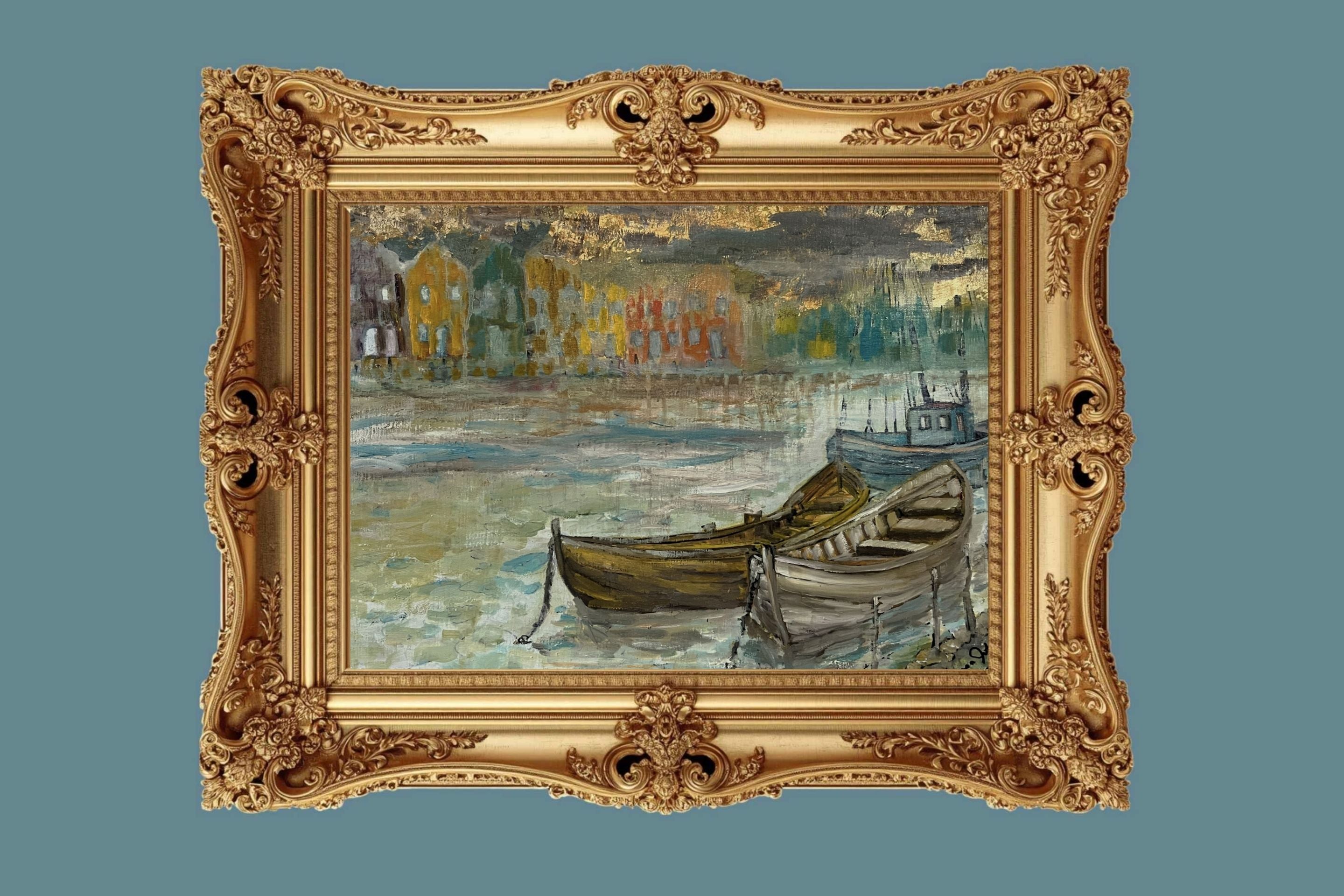 Rainy Harbor | Original Teresa Johnson Coastal Harbor Painting | Fishing Boats & Waterfront Village | Giclée Paper • Wood • Metal • Canvas