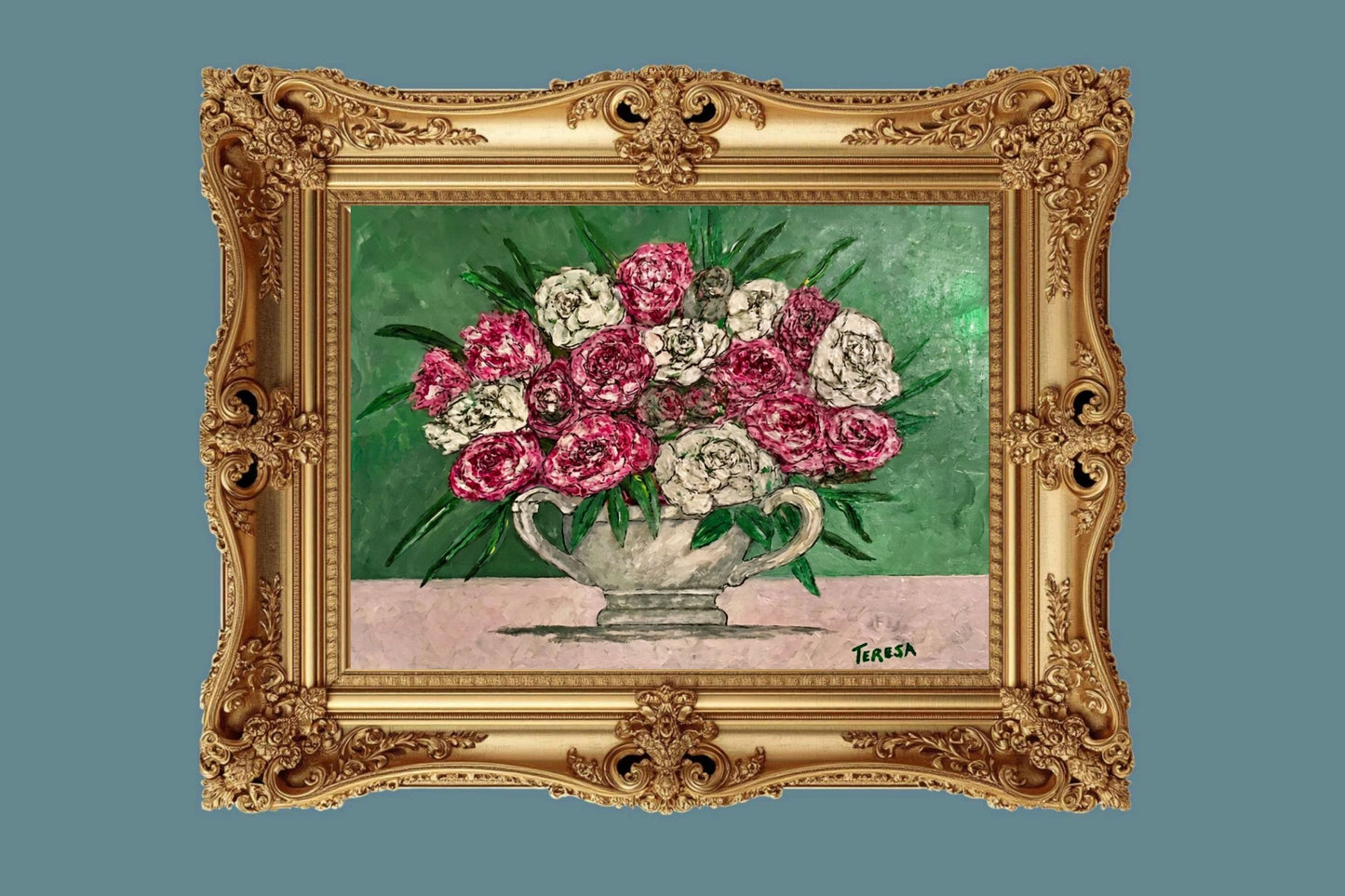 Garden's Best Arrangement | Original Teresa Johnson Floral Painting | Pink & White Roses in Vintage Pitcher | Giclée Paper • Wood • Metal • Canvas
